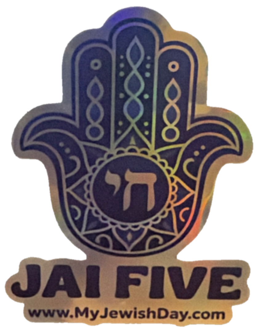 Sticker holográfico Jai Five: una jamsa con la palabra jai al centro